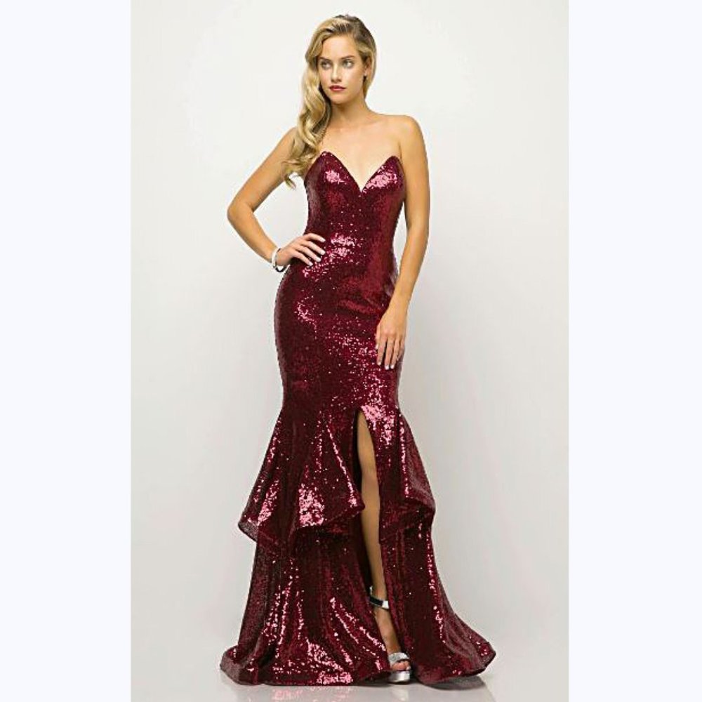NWT Cinderella Divine - UE010 Burgundy Allover Sequin Tiered Ruffle Mermaid Gown